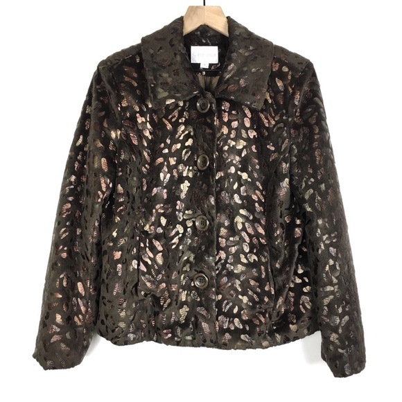 ERIN LONDON Teddy Jacket Furry Leopard Animal Print Metallic Cozy Size Medium - Picture 1 of 8